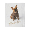 Load image into Gallery viewer, Charlie Bear the French Bulldog in her leopard hoodie with her name in gold script - the official Charlie Bear plush blanket.