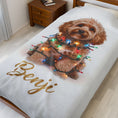 Load image into Gallery viewer, Custom Dog ArtCustom Dog Blanket, Dog Wrapped in Christmas Lights, Velveteen Pet Portrait Blanket, Gifted Dog Blanket, Pet Face Dog Blanket