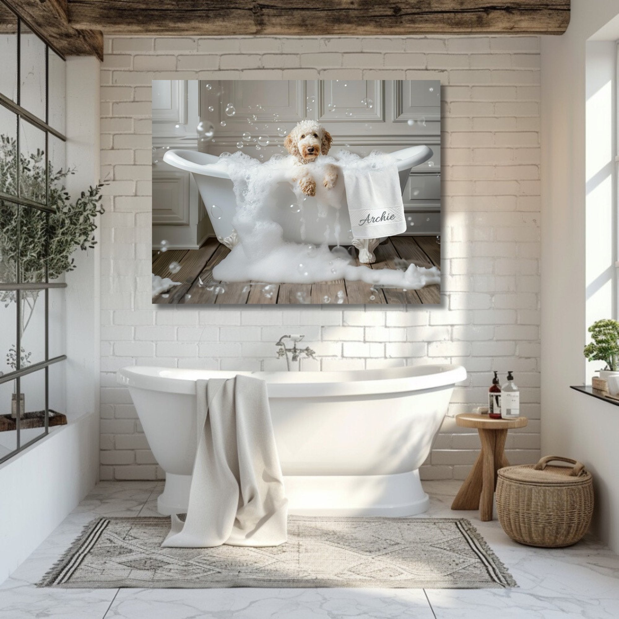Custom Dog ArtLuxurious Labradoodle Bubble Bath Canvas - Pampered Pup Bathroom Decor