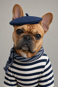 Load image into Gallery viewer, Charlie Bear the French Bulldog in a navy beret and Breton stripes - flat view of the Parisian Charlie Bear canvas.