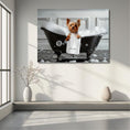Load image into Gallery viewer, Your pet on wall canvas surrounded by bubbles in vintage bath tub with personalized bath towel