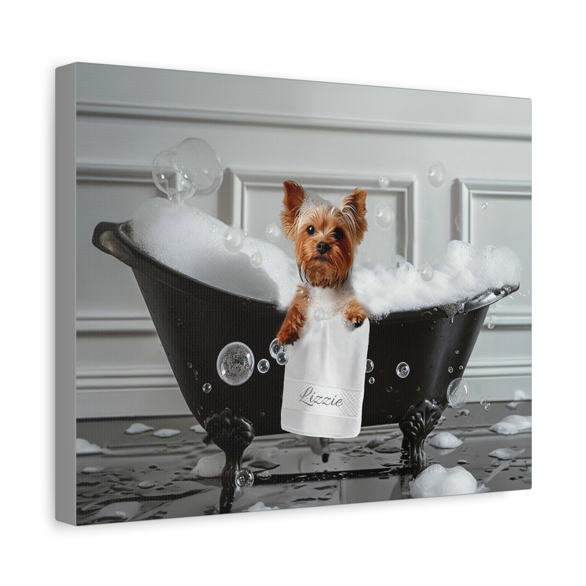 Yorkie, yorkshire terrier, dog art, bath shops art, bathroom decor, bathtub, soap, yorkie gift, custom art, personalized art, gift, canvas