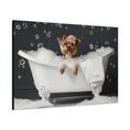 Load image into Gallery viewer, Customizable canvas print of Yorkshire Terrier in bubble bath with personalized bath towel