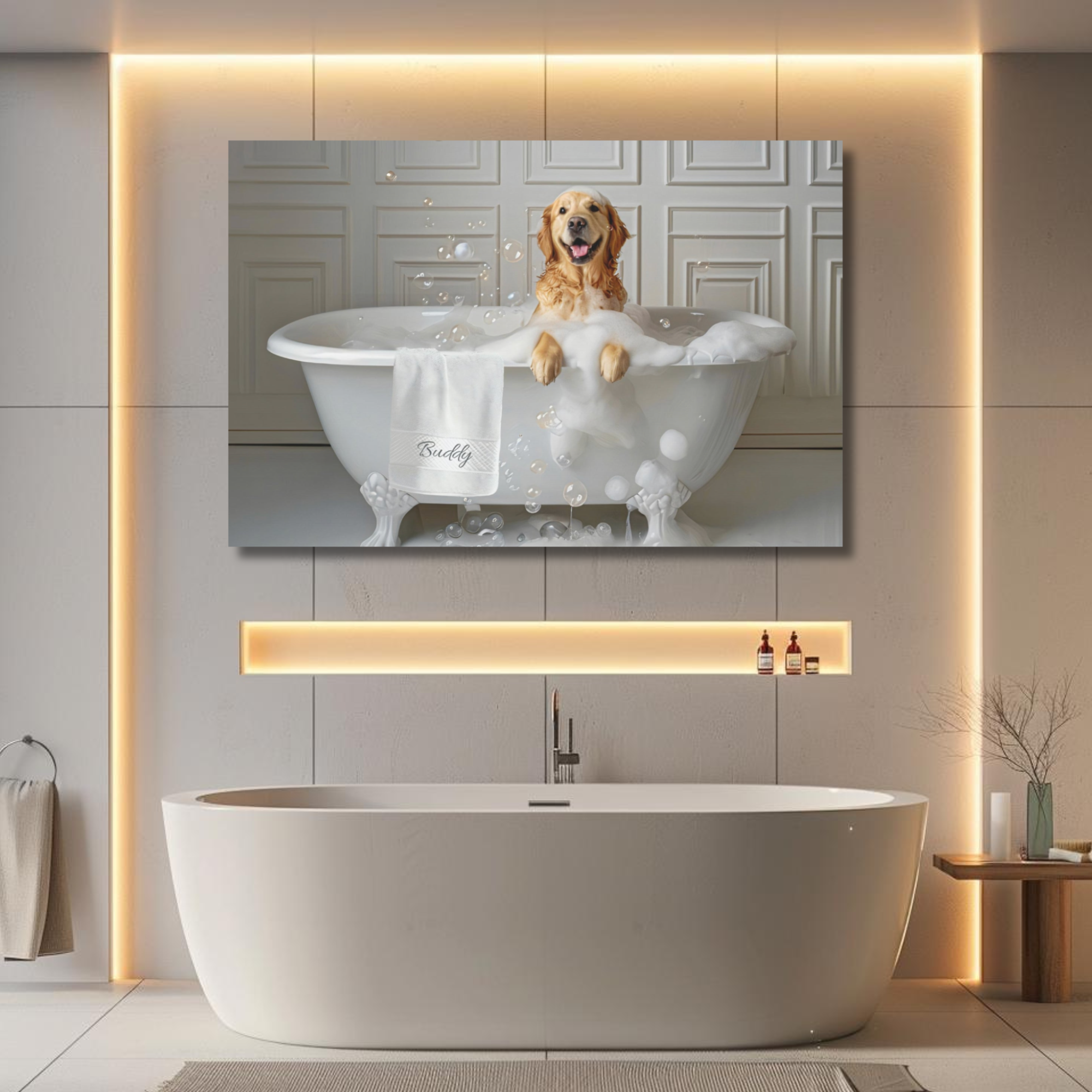 Golden Retriever Wall Art: Personalized Bathtub Print for Dog Lovers