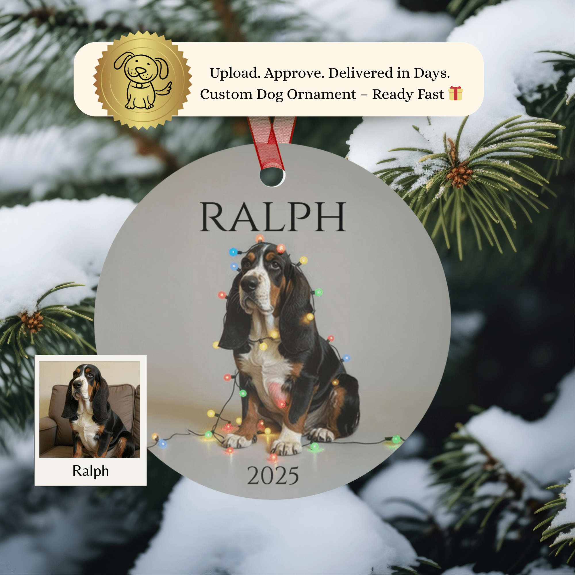 Custom Dog ArtBasset Hound Christmas Ornament | Personalized