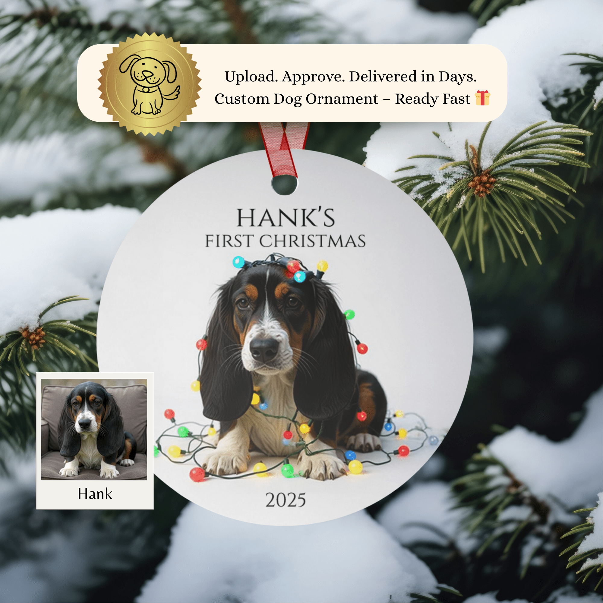Custom Dog ArtBasset Hound Christmas Ornament | Personalized