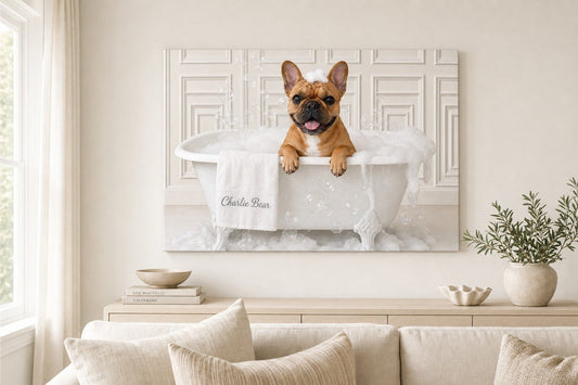 Charlie Bear Bubble Bath canvas hanging on a styled living room wall.