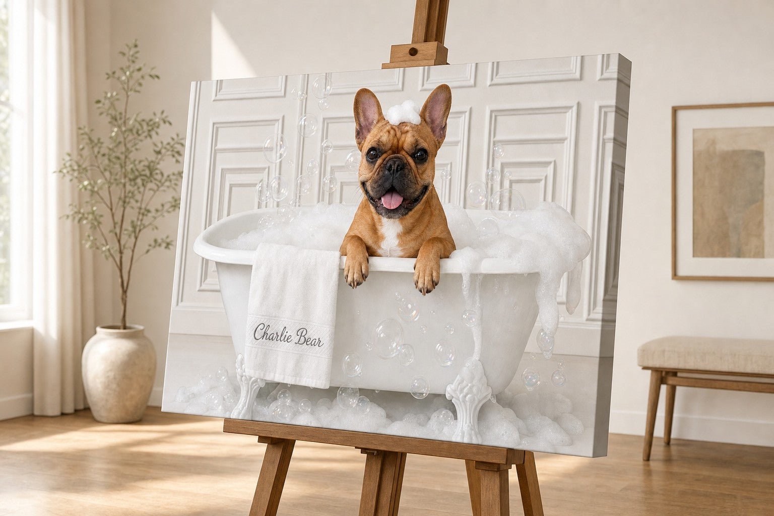 Charlie Bear Bubble Bath French Bulldog canvas displayed on a wooden easel.