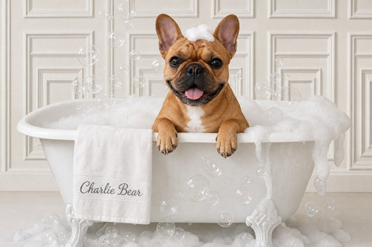 Charlie Bear the French Bulldog in a bubble bath with her personalized towel - flat view of the Charlie Bear Bubble Bath canvas art.