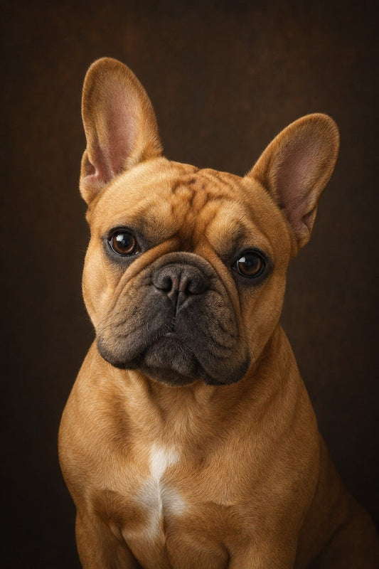 Charlie Bear the French Bulldog on a warm espresso backdrop - flat view of the Charlie Bear Classic Portrait canvas.