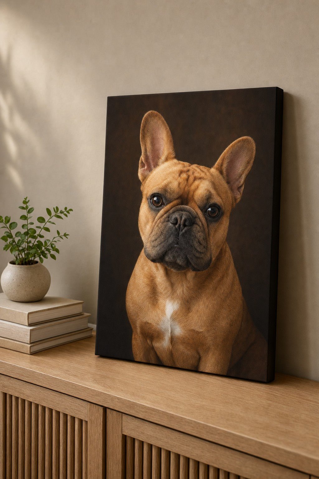 Charlie Bear Classic Portrait canvas styled on a console table vignette.