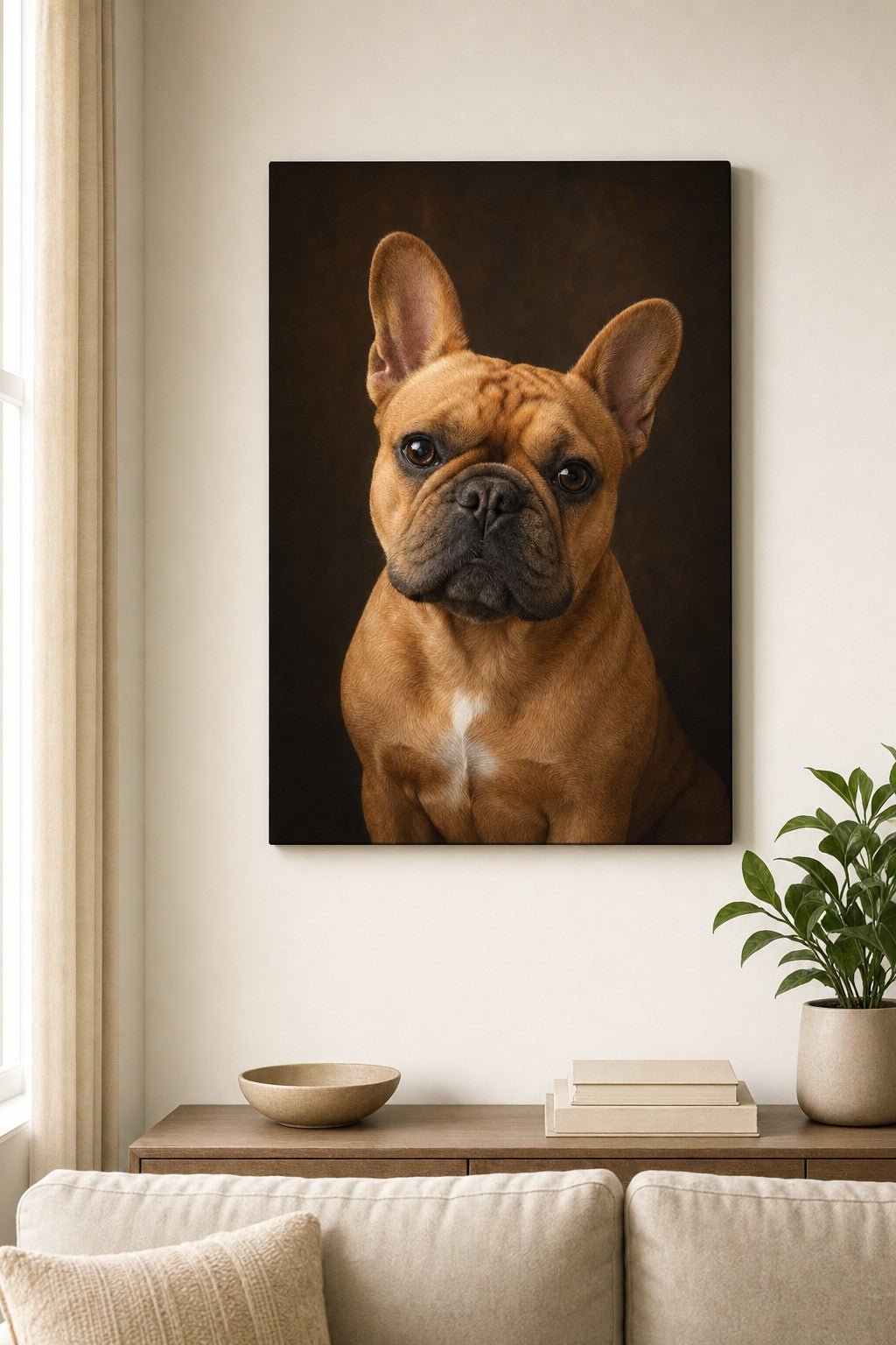 Charlie Bear Classic Portrait canvas hanging on a styled wall.