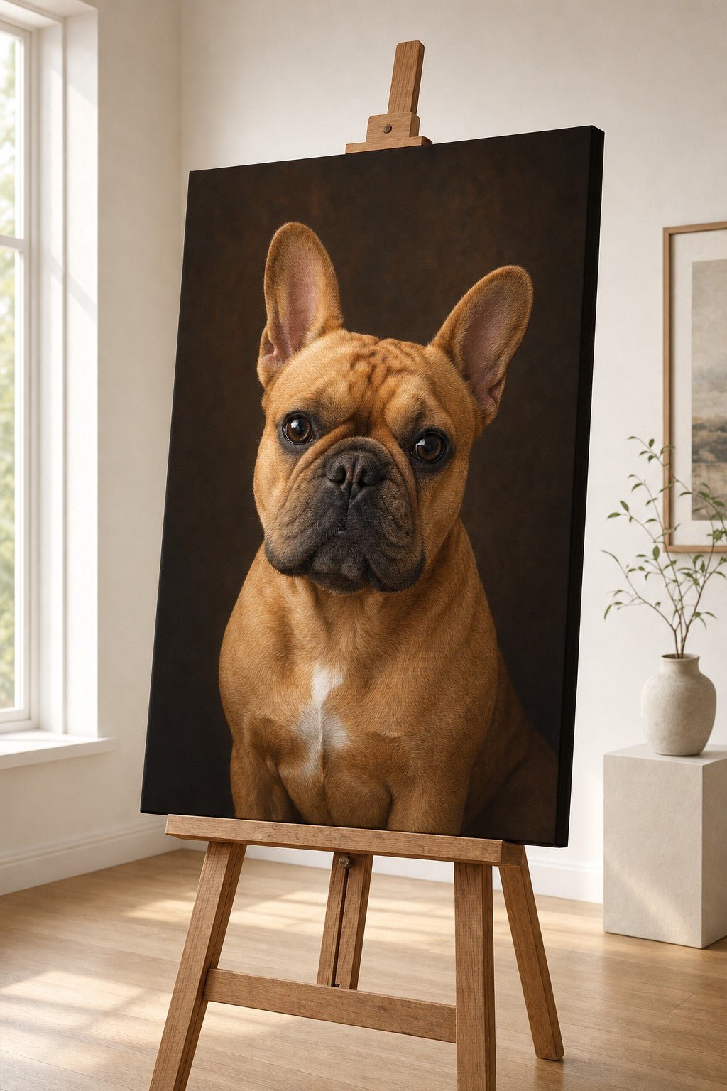 Charlie Bear Classic Portrait French Bulldog canvas displayed on a wooden easel.