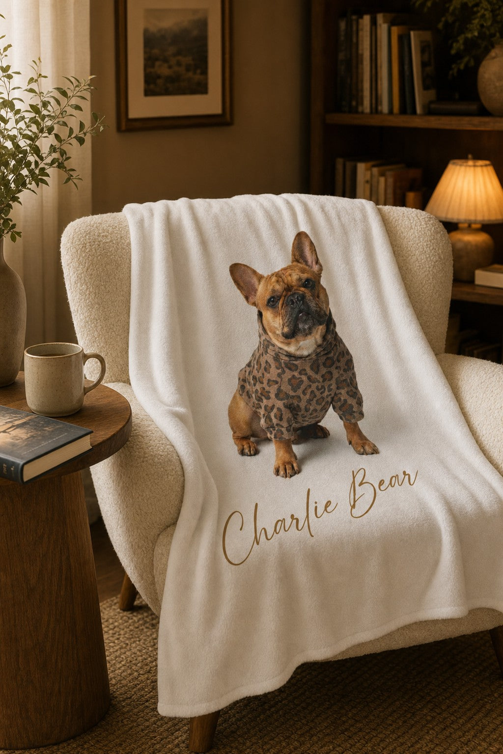Charlie Bear plush blanket draped over a boucle armchair in a cozy reading corner