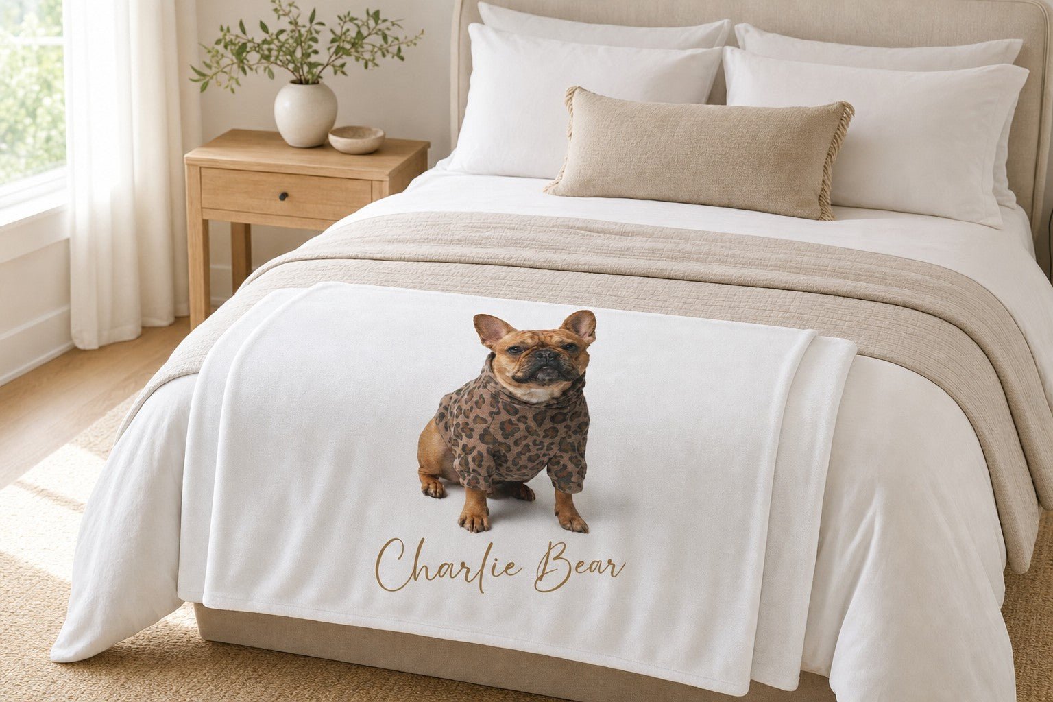 Charlie Bear plush blanket folded at the foot of a bed.