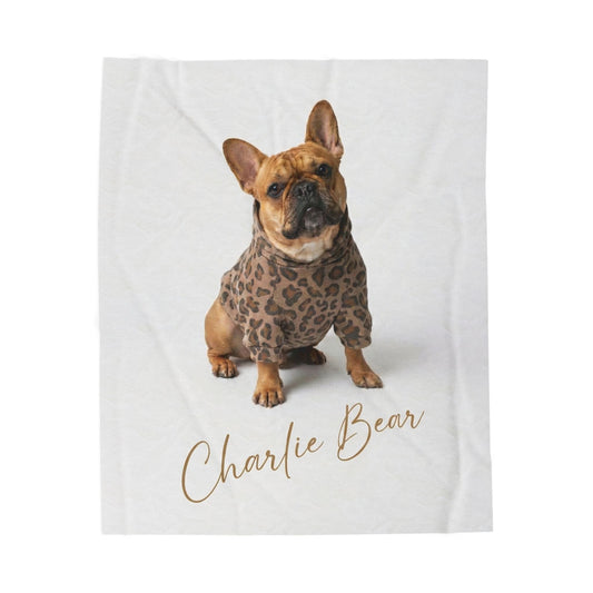 Charlie Bear the French Bulldog in her leopard hoodie with her name in gold script - the official Charlie Bear plush blanket.