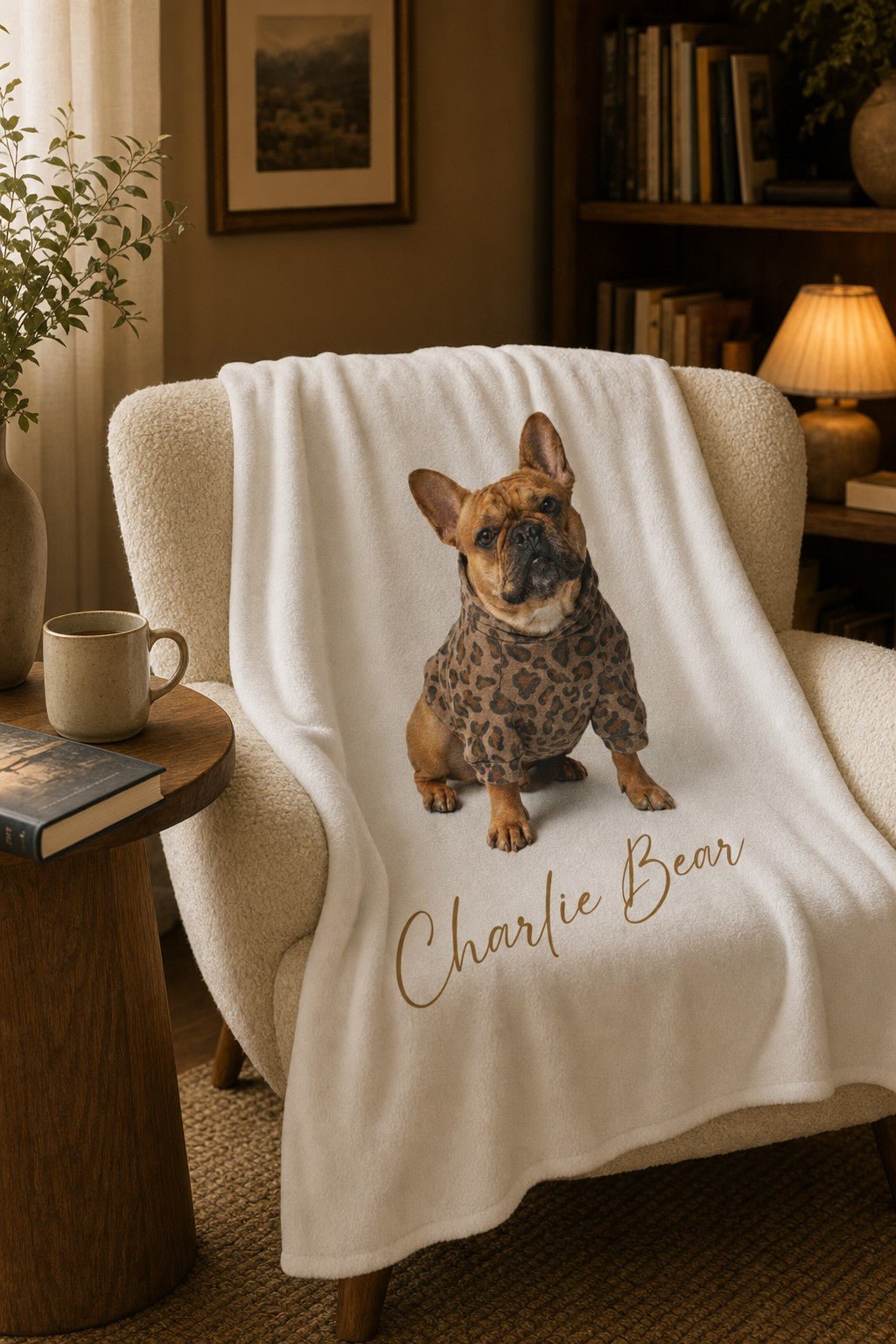 Charlie Bear plush blanket on a boucle armchair in a reading nook.