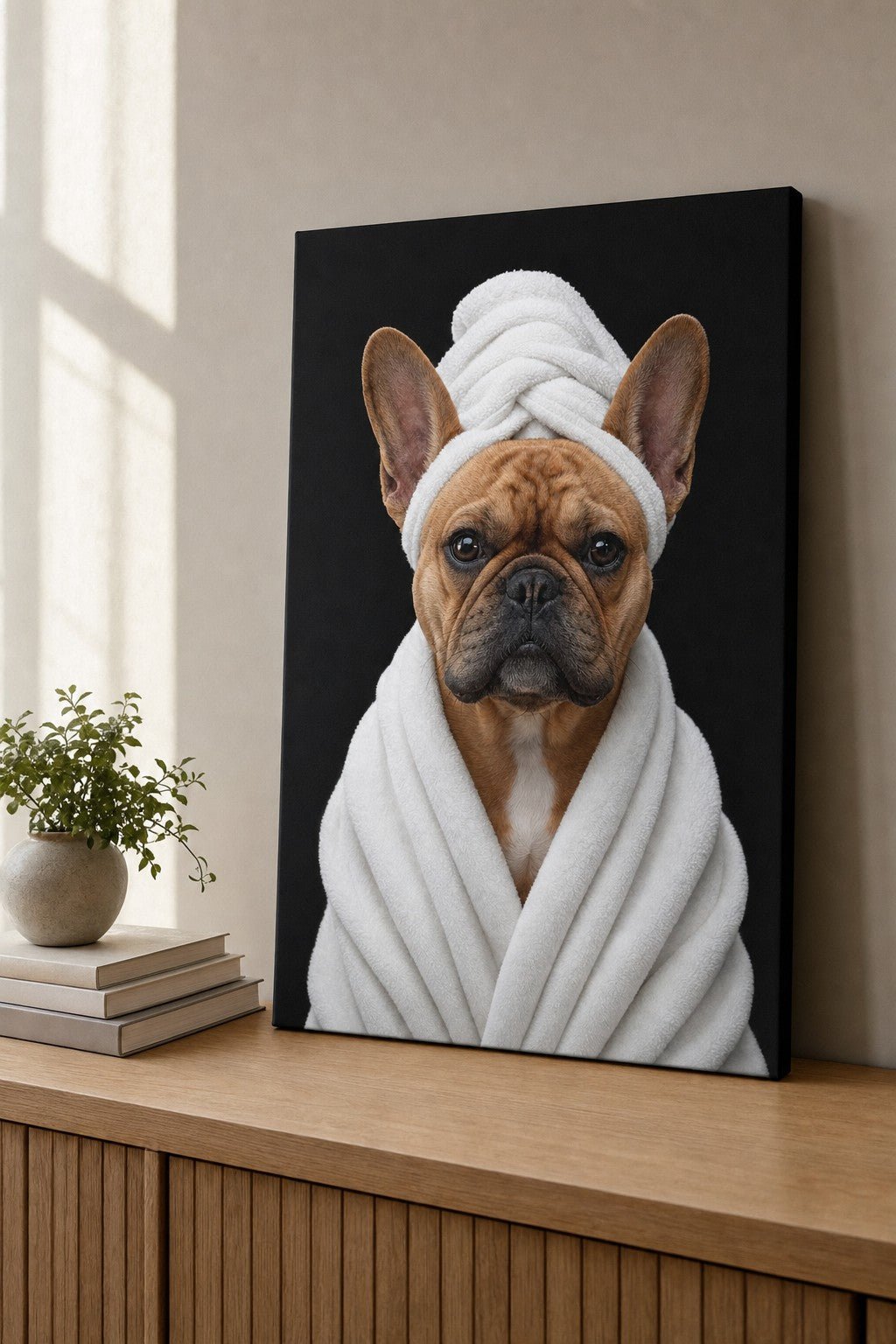 Charlie Bear Spa Day canvas styled on a console table vignette.