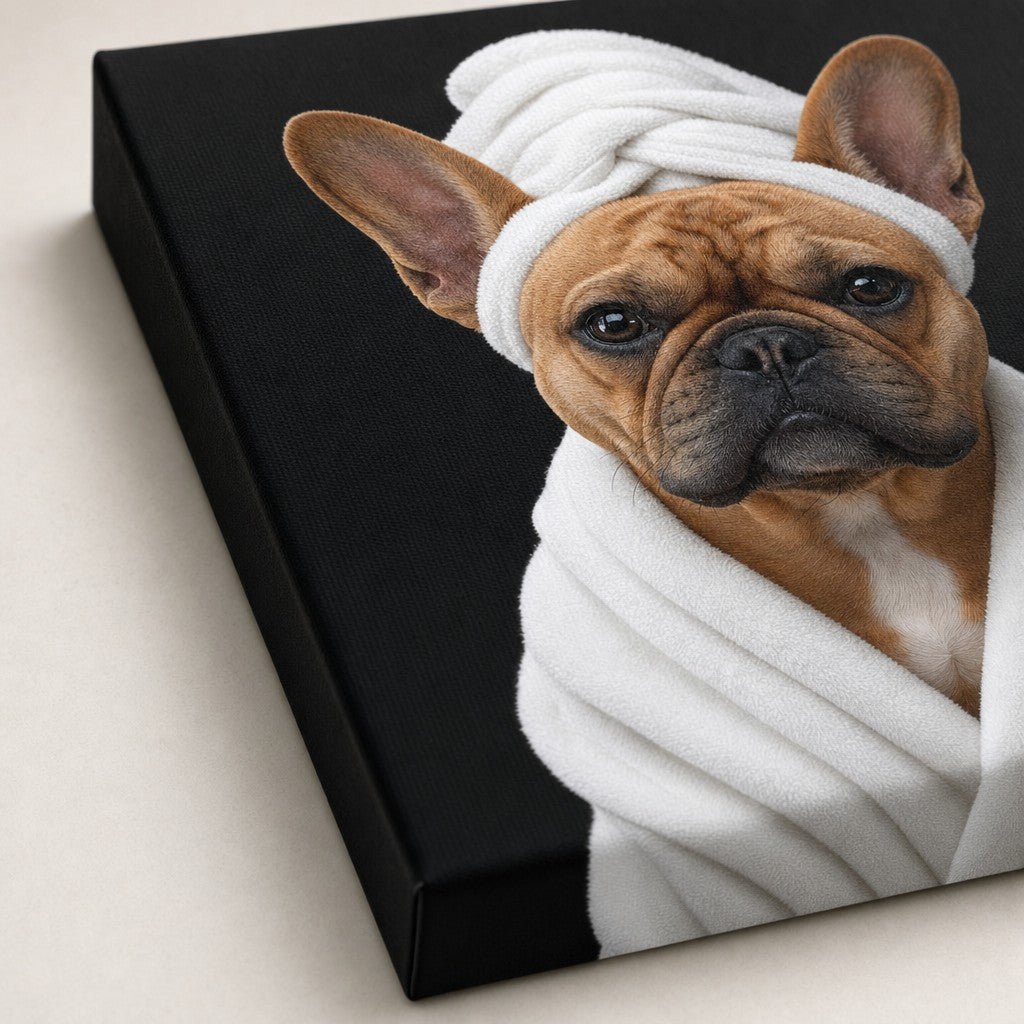 Close-up of the matte canvas texture on the Charlie Bear Spa Day portrait.