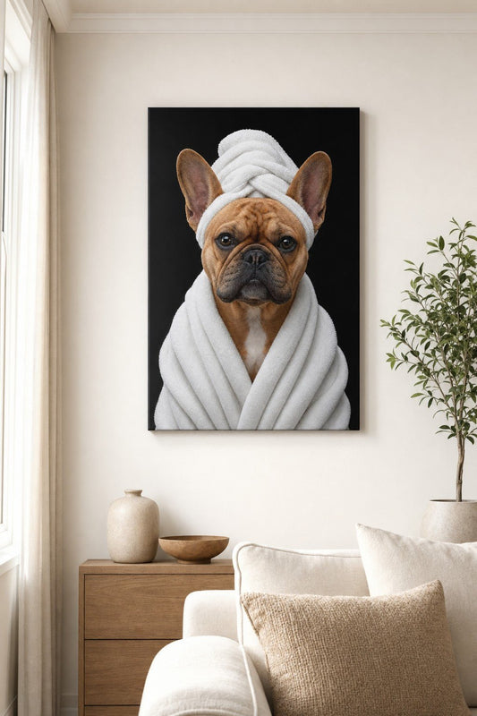 Charlie Bear Spa Day portrait canvas hanging on a styled wall.