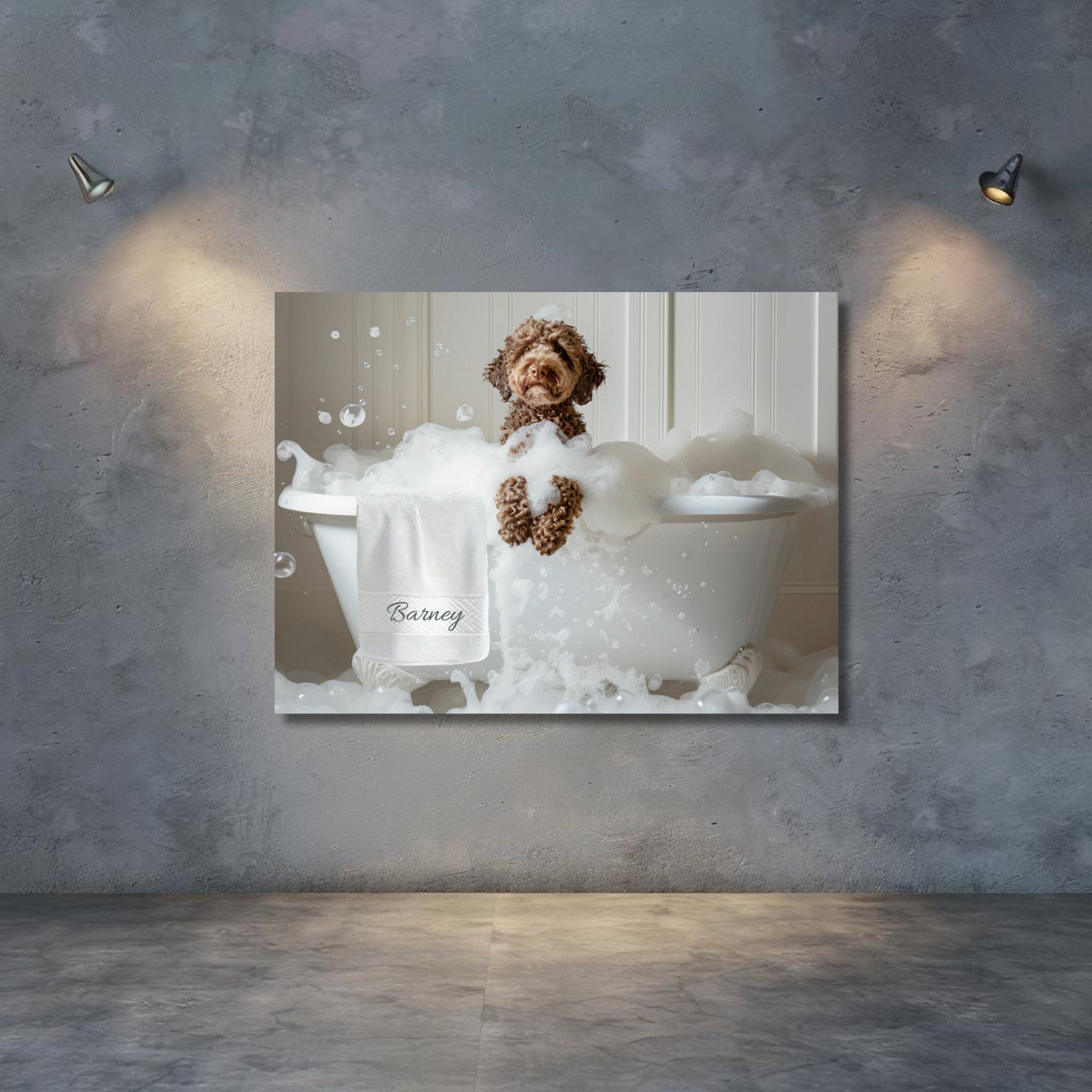 #shop_name Chocolate Labradoodle Bliss: Luxurious Bubble Bath Art Print for Home Decor | CustomDogArt.com | 2024