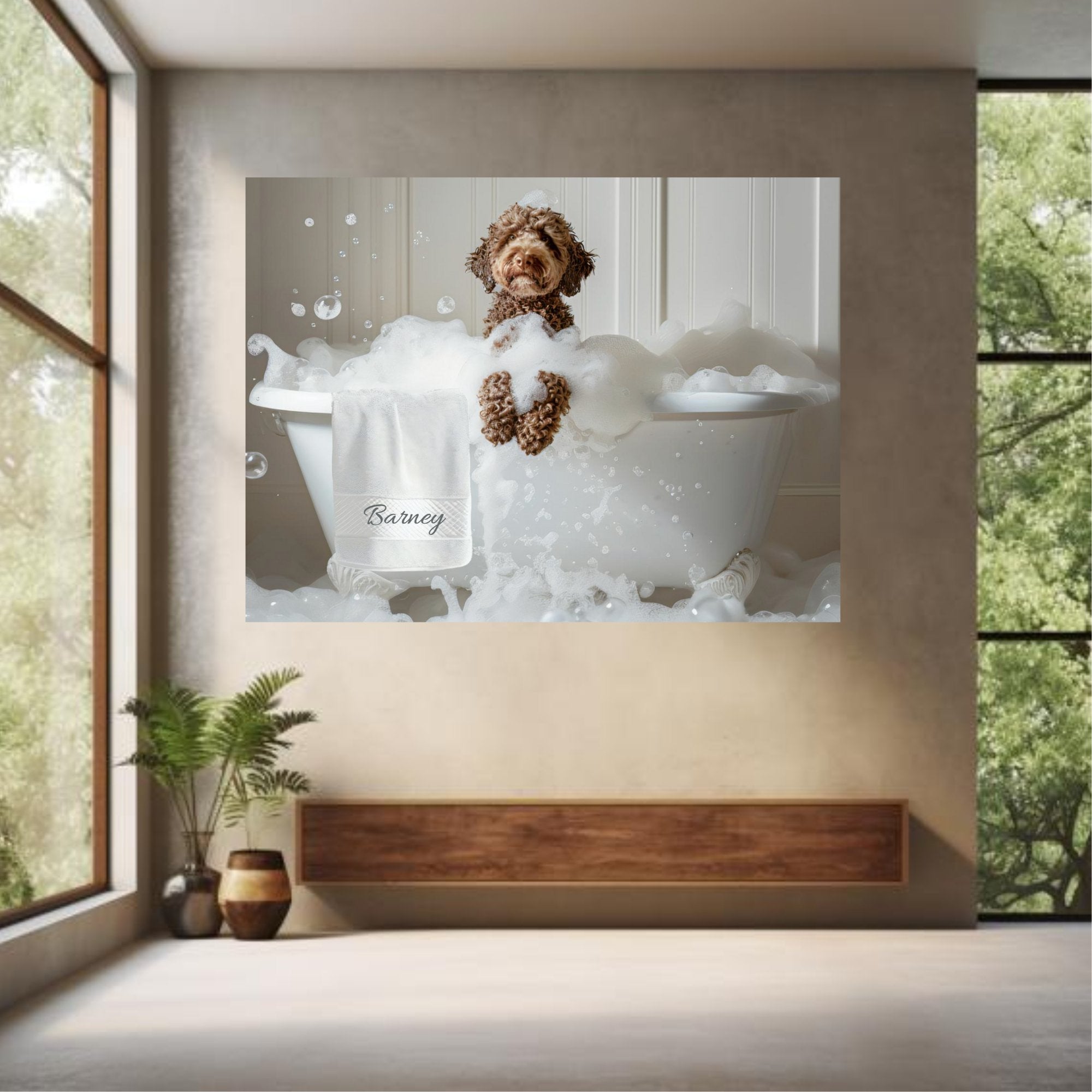 #shop_name Chocolate Labradoodle Bliss: Luxurious Bubble Bath Art Print for Home Decor | CustomDogArt.com | 2024