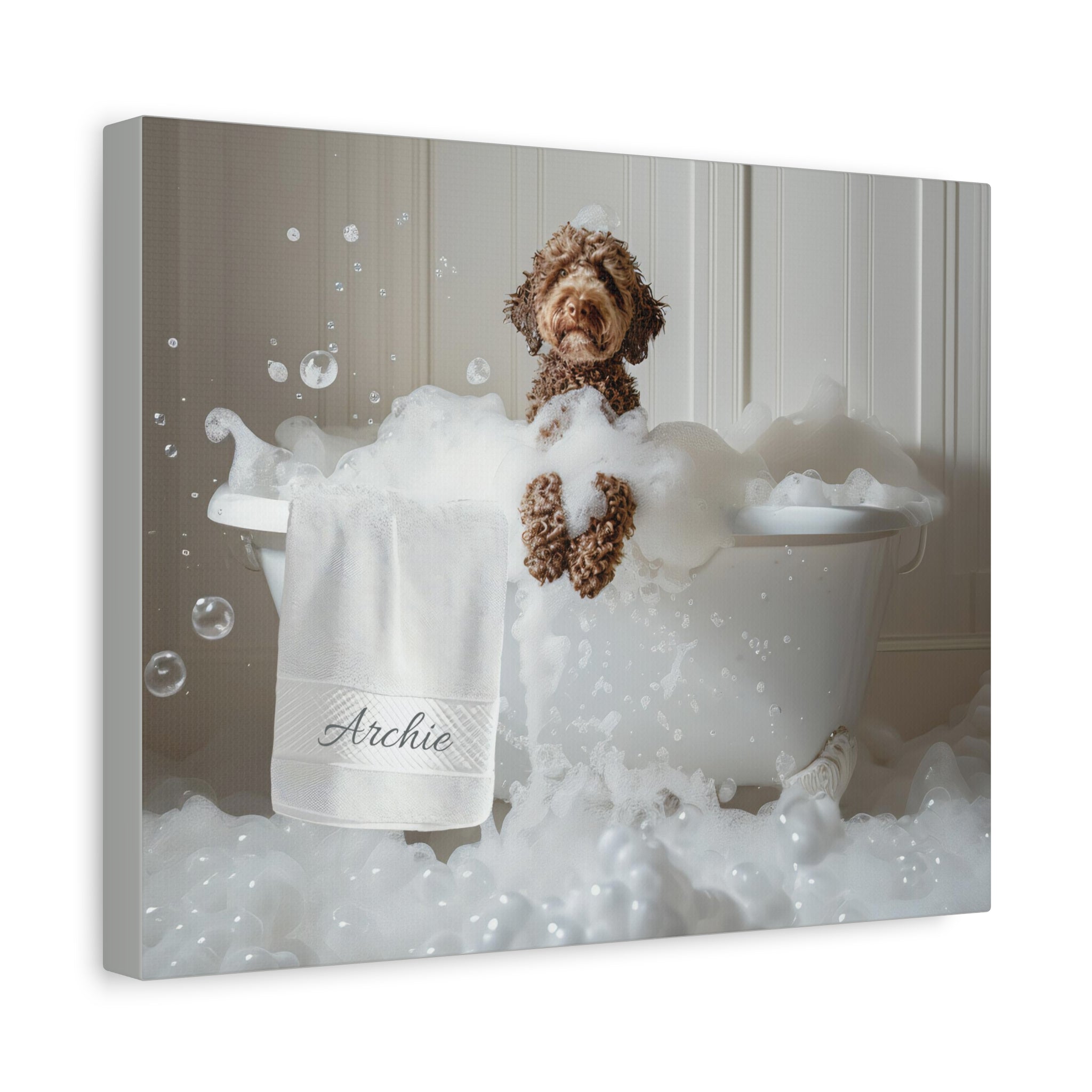 Chocolate Labradoodle Bliss: Luxurious Bubble Bath Art Print for Home Decor | CustomDogArt.com | 2024