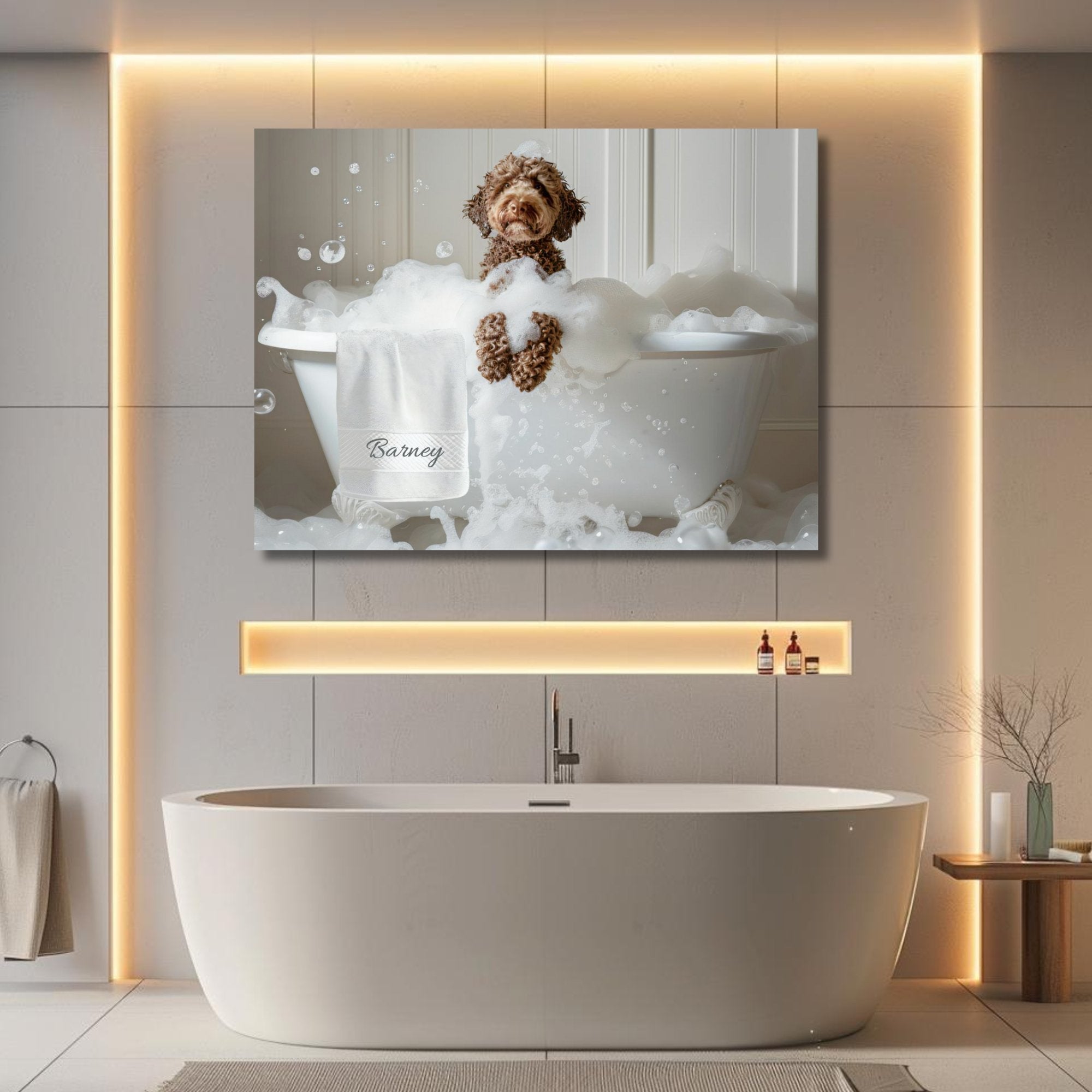 #shop_name Chocolate Labradoodle Bliss: Luxurious Bubble Bath Art Print for Home Decor | CustomDogArt.com | 2024