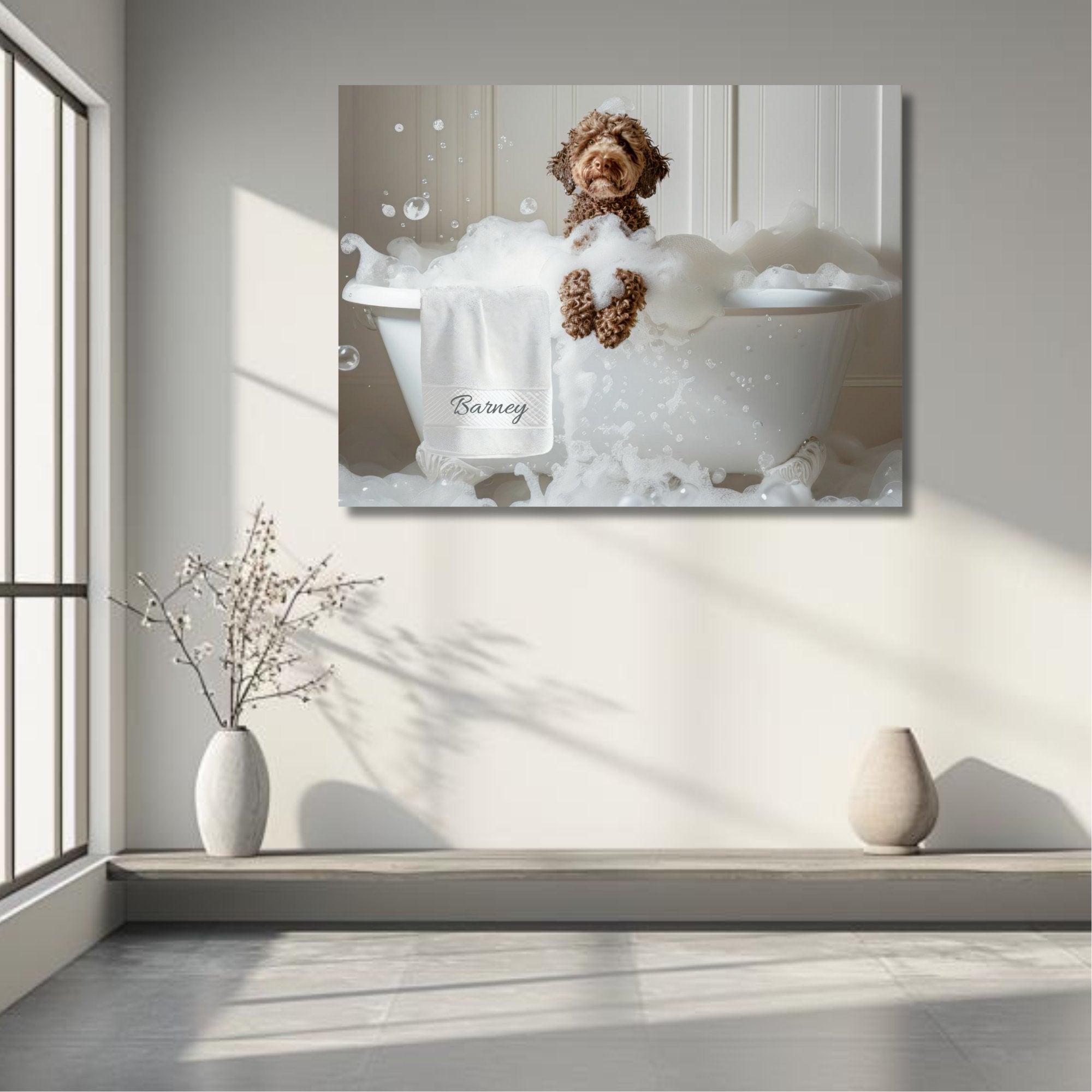 #shop_name Chocolate Labradoodle Bliss: Luxurious Bubble Bath Art Print for Home Decor | CustomDogArt.com | 2024