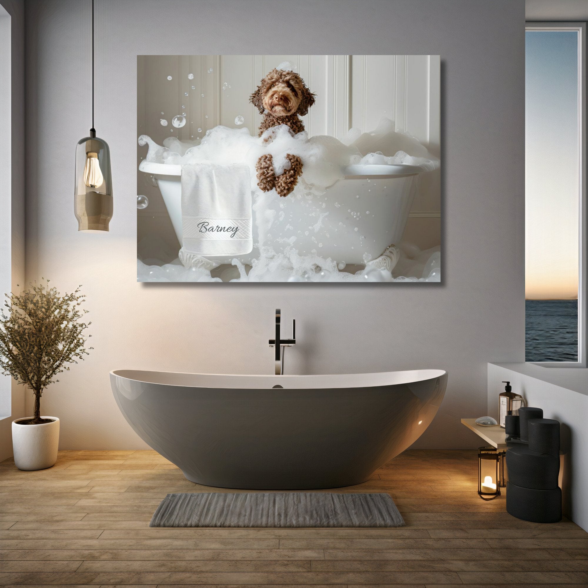 #shop_name Chocolate Labradoodle Bliss: Luxurious Bubble Bath Art Print for Home Decor | CustomDogArt.com | 2024