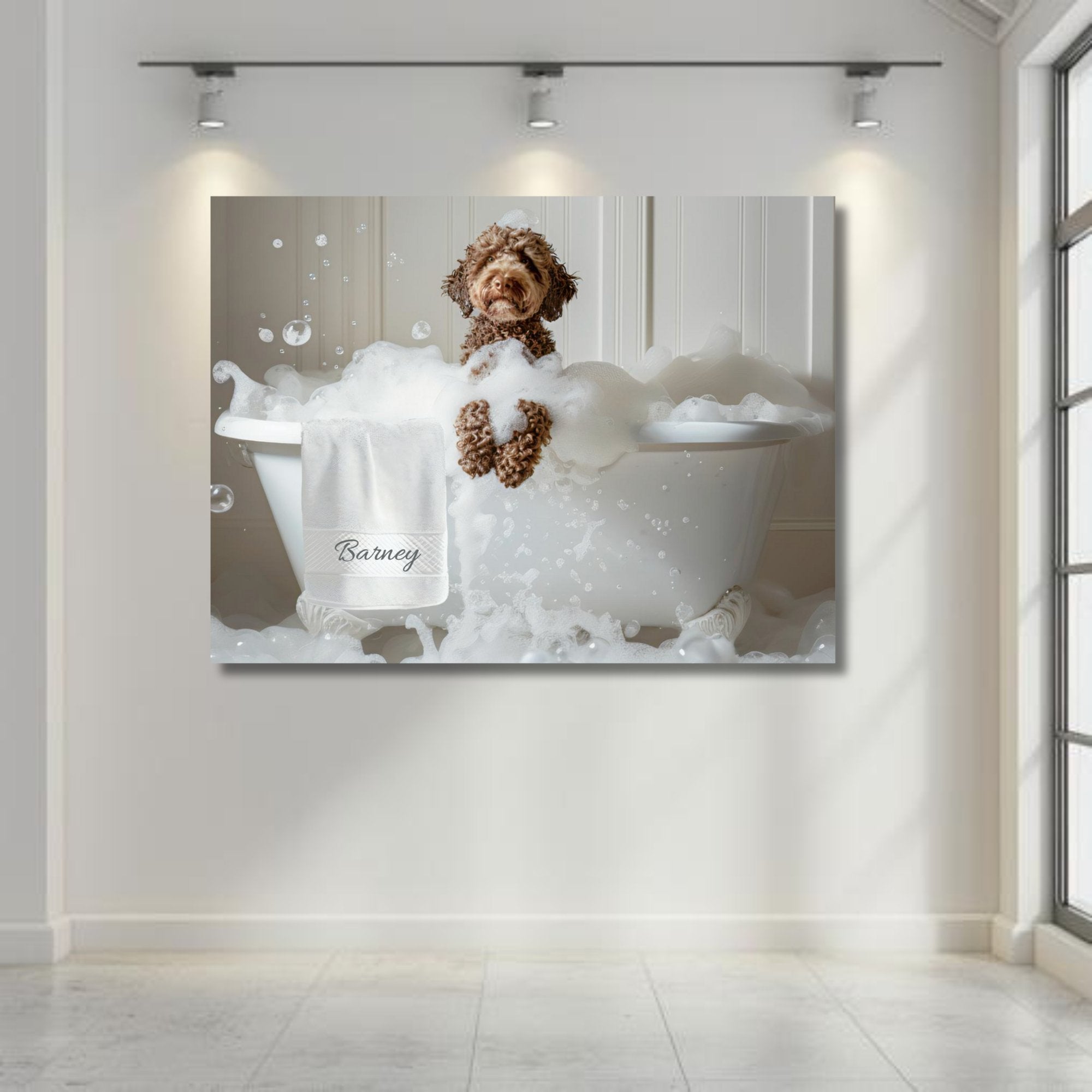 #shop_name Chocolate Labradoodle Bliss: Luxurious Bubble Bath Art Print for Home Decor | CustomDogArt.com | 2024