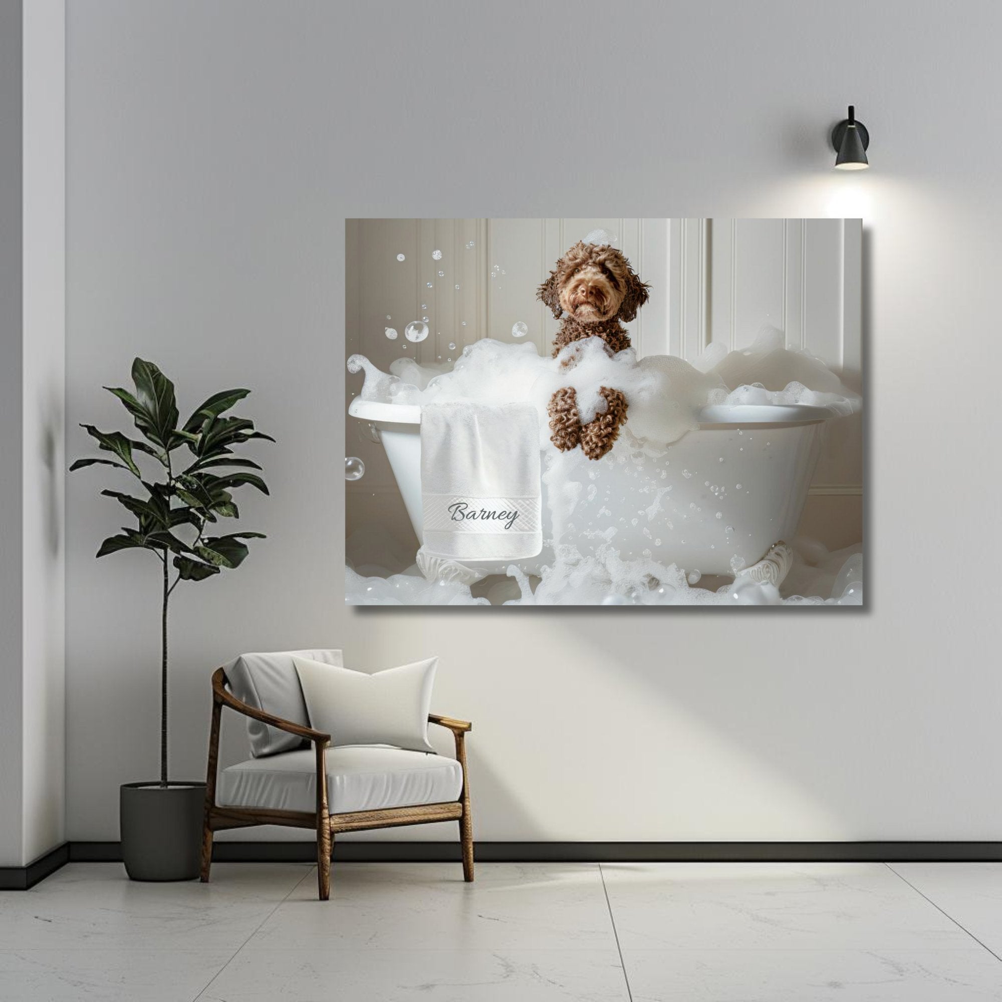 #shop_name Chocolate Labradoodle Bliss: Luxurious Bubble Bath Art Print for Home Decor | CustomDogArt.com | 2024