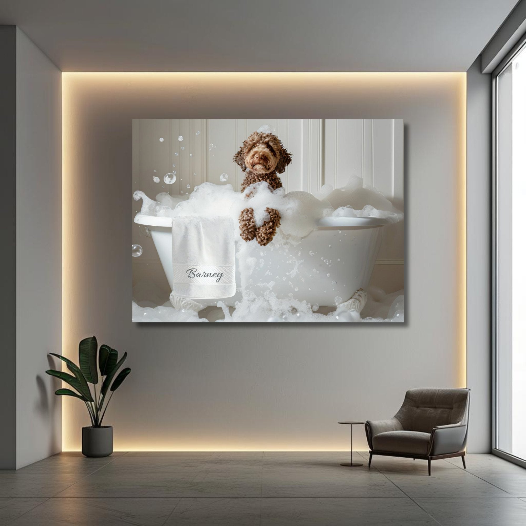 #shop_name Chocolate Labradoodle Bliss: Luxurious Bubble Bath Art Print for Home Decor | CustomDogArt.com | 2024