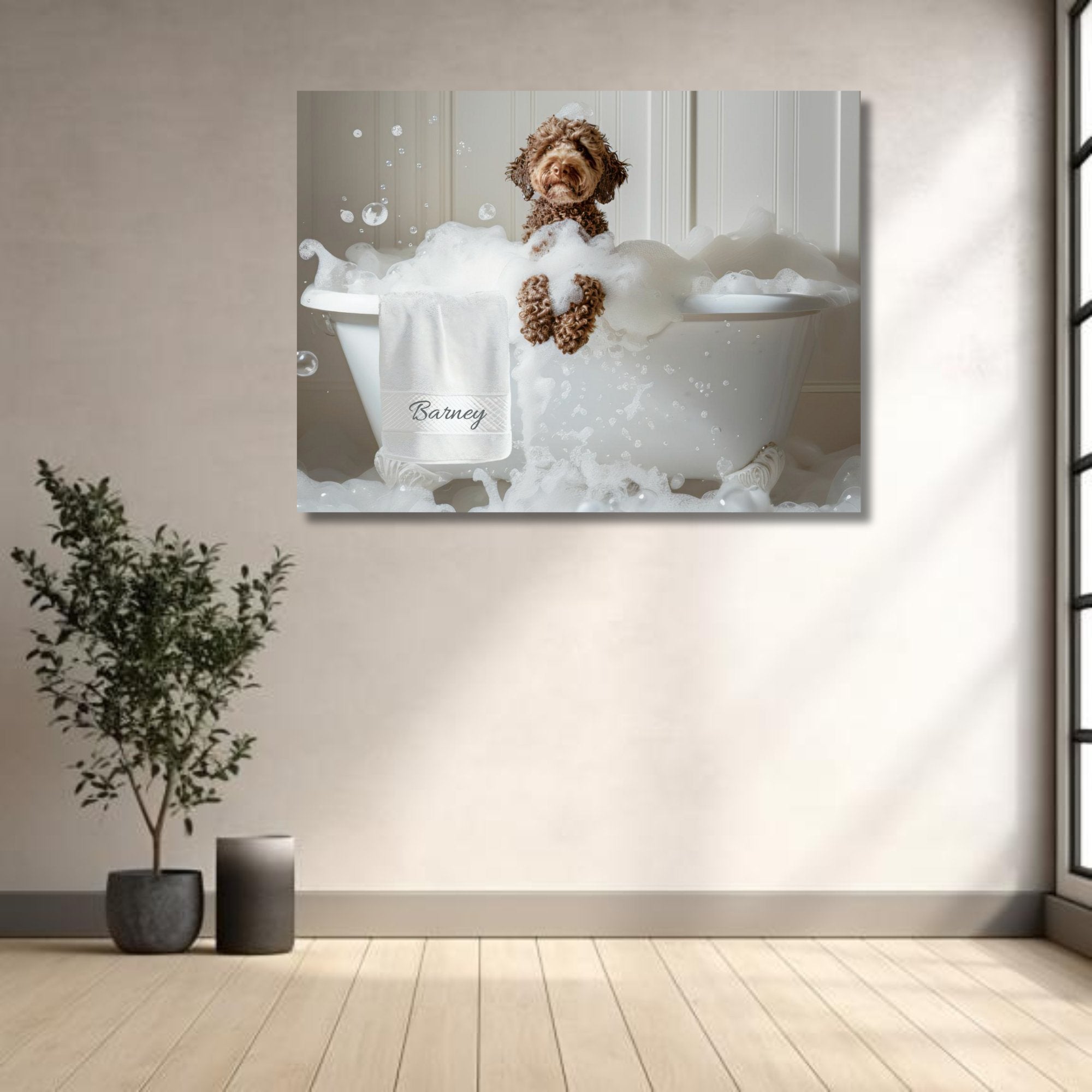 #shop_name Chocolate Labradoodle Bliss: Luxurious Bubble Bath Art Print for Home Decor | CustomDogArt.com | 2024