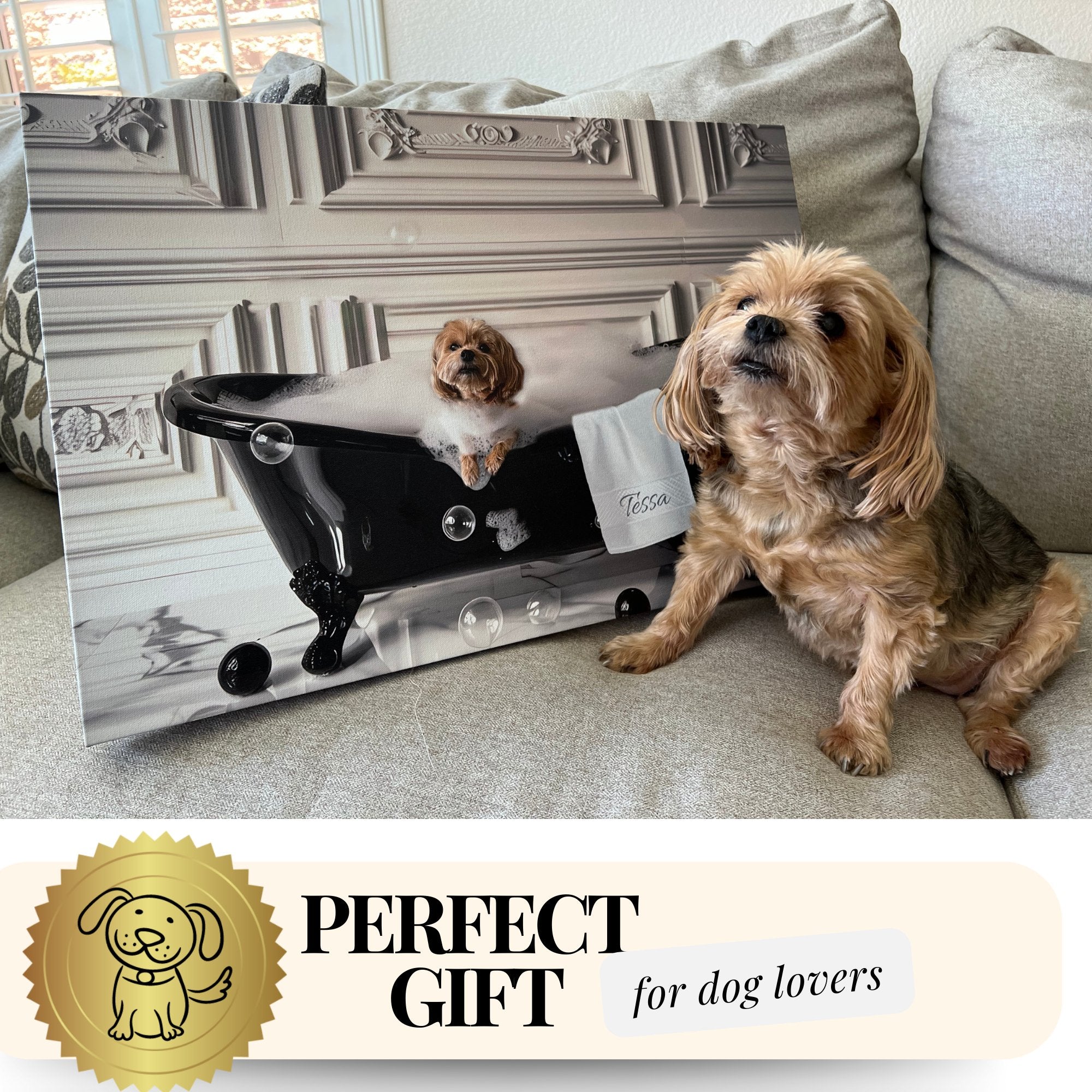 Custom Dog Art perfect for dog lovers,  Personalized Dog in cozy bubble bath