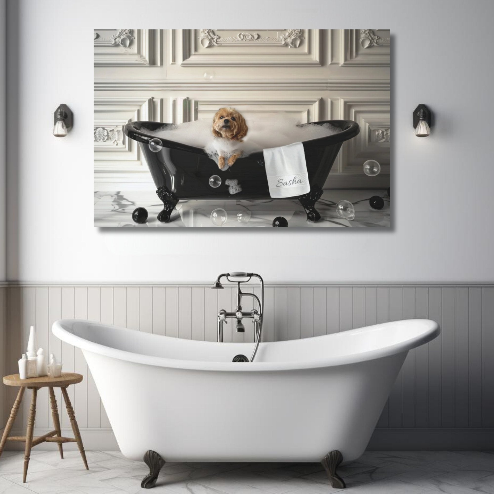 Custom Dog in Bathtub Art, luxurious bubbles and personalized bath towel