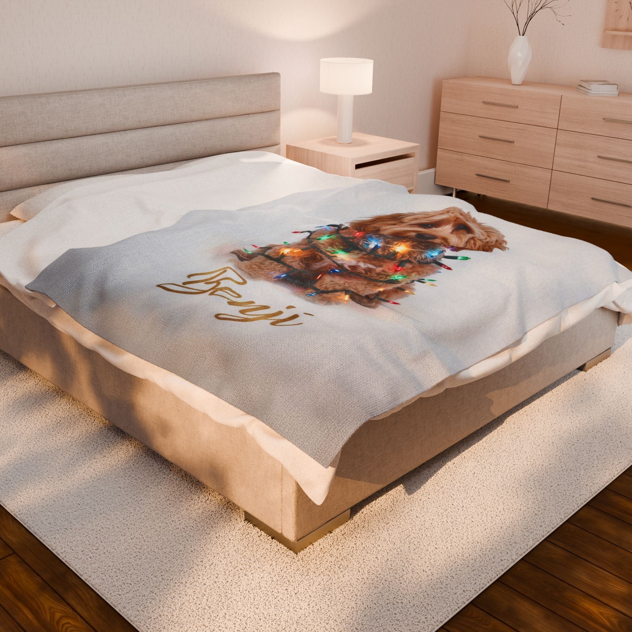 Custom Dog ArtCustom Dog Blanket, Dog Wrapped in Christmas Lights, Velveteen Pet Portrait Blanket, Gifted Dog Blanket, Pet Face Dog Blanket