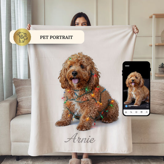 Custom Dog ArtCustom Dog Blanket, Dog Wrapped in Christmas Lights, Velveteen Pet Portrait Blanket, Gifted Dog Blanket, Pet Face Dog Blanket