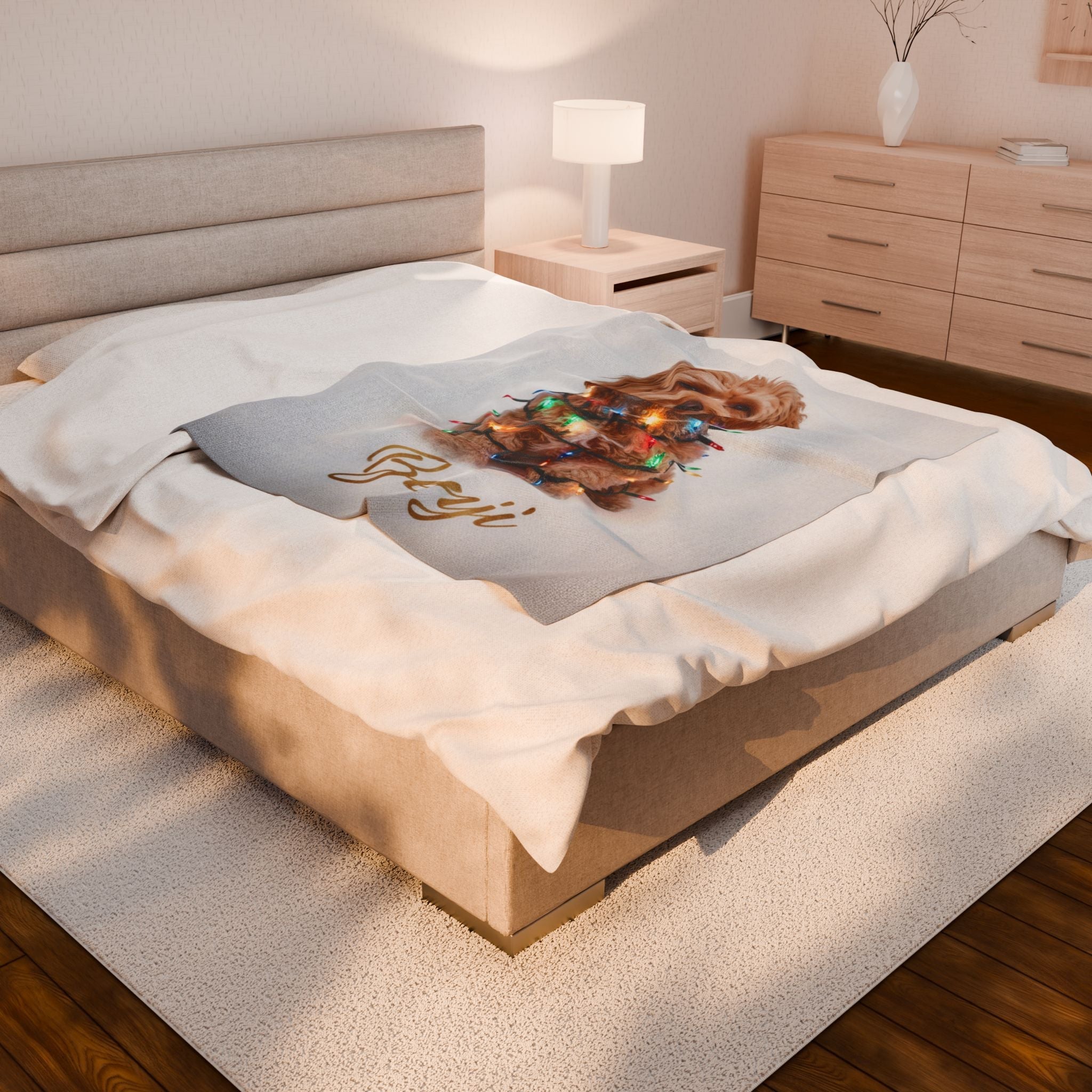 Custom Dog ArtCustom Dog Blanket, Dog Wrapped in Christmas Lights, Velveteen Pet Portrait Blanket, Gifted Dog Blanket, Pet Face Dog Blanket