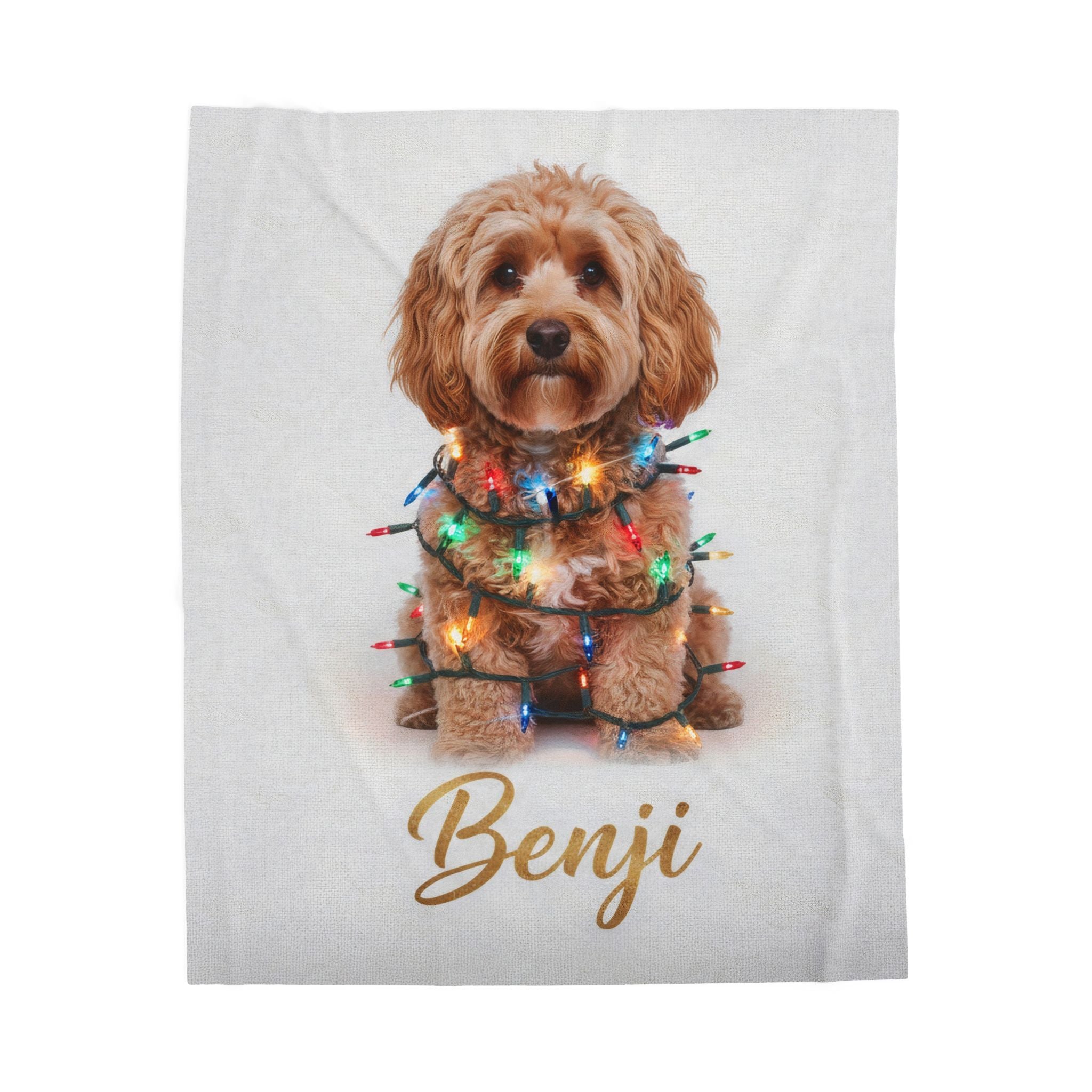 Custom Dog ArtCustom Dog Blanket, Dog Wrapped in Christmas Lights, Velveteen Pet Portrait Blanket, Gifted Dog Blanket, Pet Face Dog Blanket