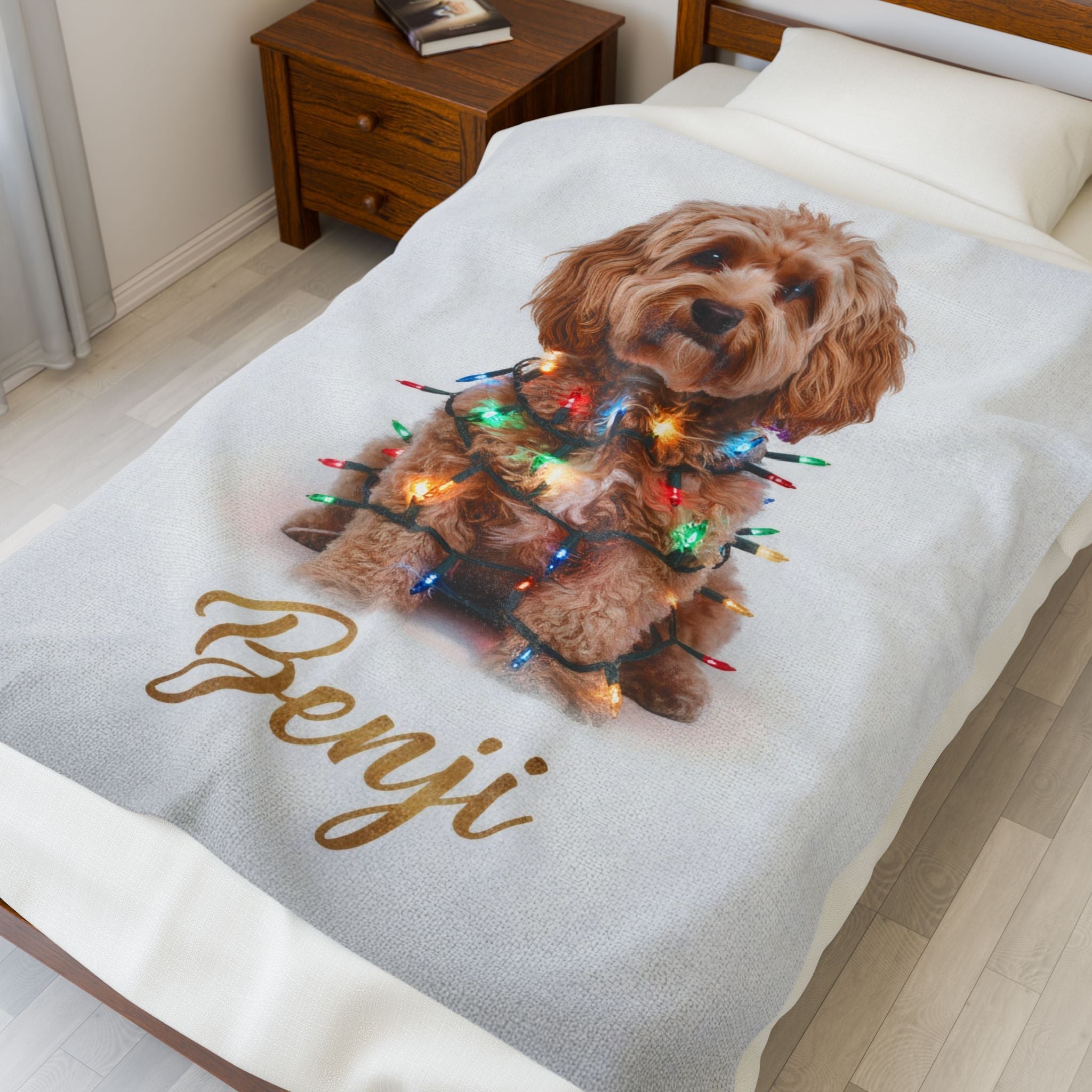 Custom Dog ArtCustom Dog Blanket, Dog Wrapped in Christmas Lights, Velveteen Pet Portrait Blanket, Gifted Dog Blanket, Pet Face Dog Blanket