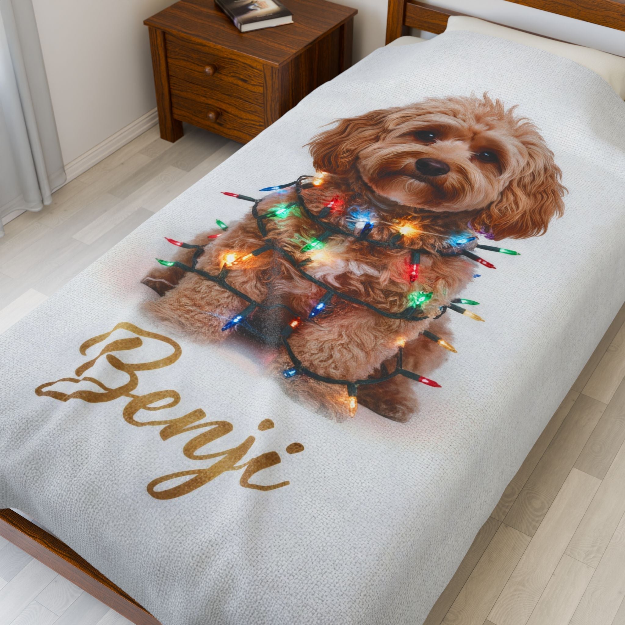 Custom Dog ArtCustom Dog Blanket, Dog Wrapped in Christmas Lights, Velveteen Pet Portrait Blanket, Gifted Dog Blanket, Pet Face Dog Blanket