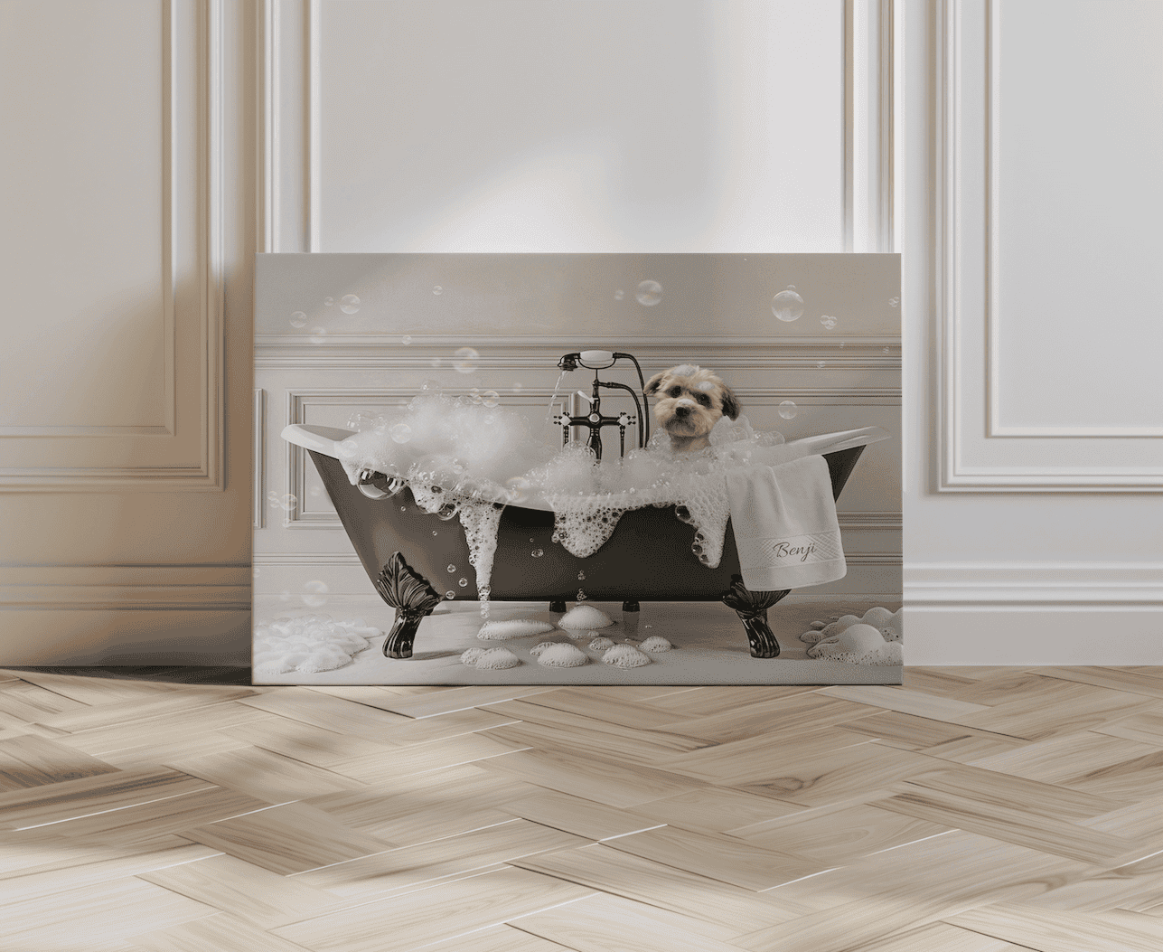 Custom Dog ArtCustom Dog Bubble Bath Portrait – Turn Your Pup into Bathtime Royalty!