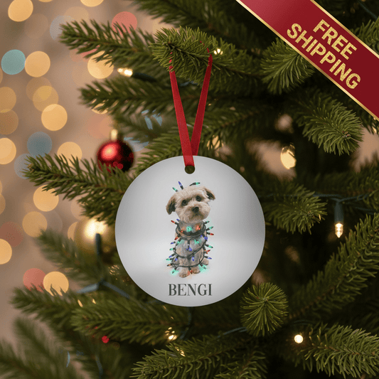 Custom Dog ArtCustom dog photo Christmas ornament wrapped in colorful lights personalized pet picture keepsake gift for dog lovers holiday tree decor