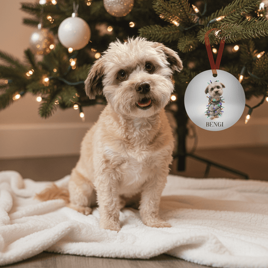 Custom Dog ArtCustom dog photo Christmas ornament wrapped in colorful lights personalized pet picture keepsake gift for dog lovers holiday tree decor