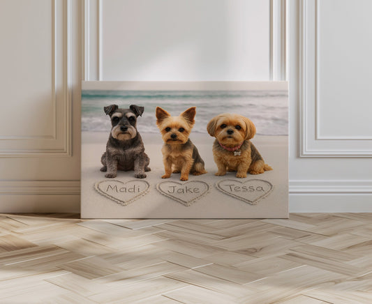 Custom Dog ArtCustom Dog Portrait from Photo, Multi Pet Artwork, Dog Lover Gift, Dog Memorial, Beach Scene, Personalized Dog Art, 3 Dog Art Work
