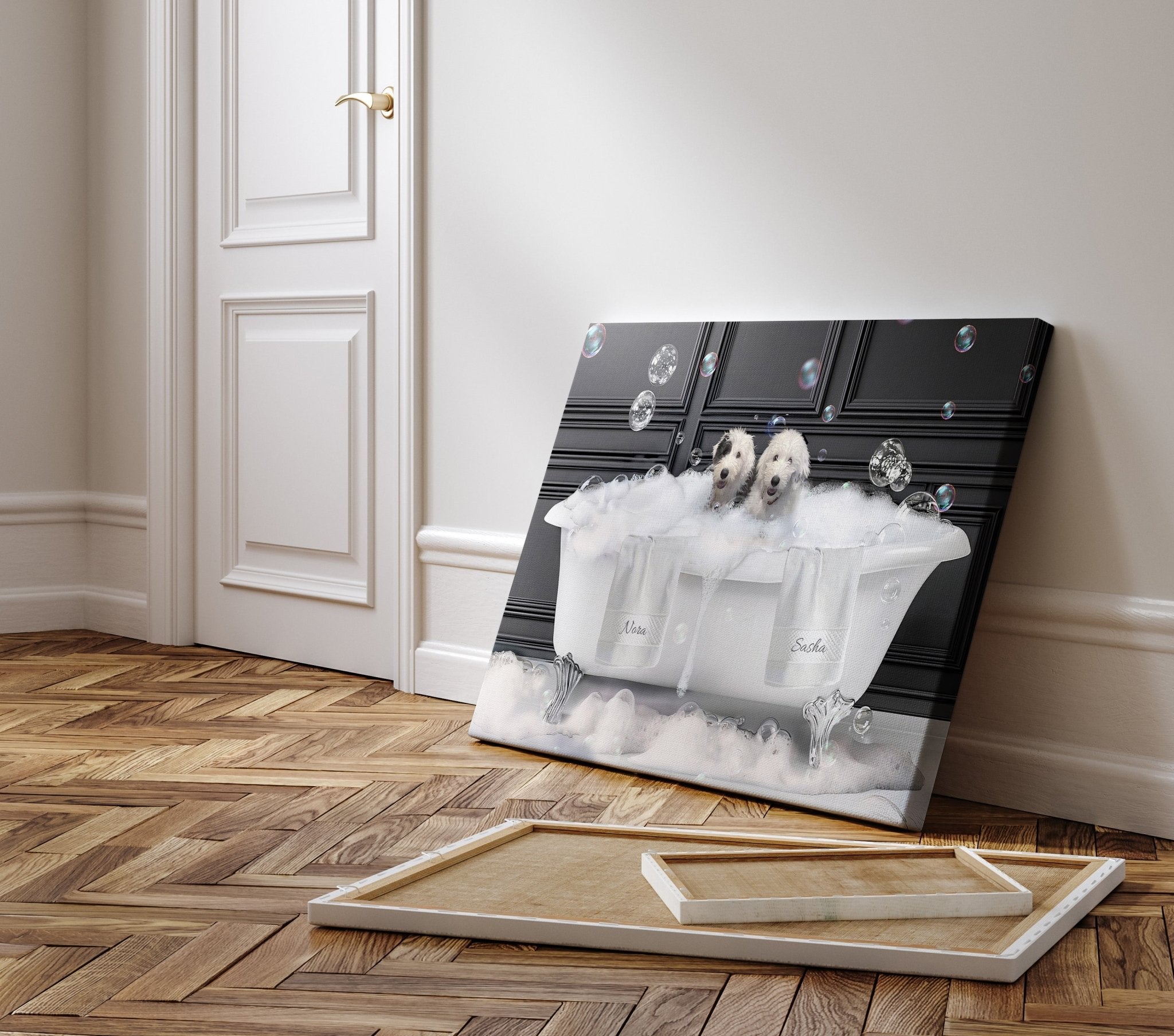 Custom Dog ArtCustom Dog Portrait of 2 Dogs in Bathtub | Pet Portrait Photo | Custom Dog Art Print | Dog in Bathtub Art | Custom Dog Gifts for Pet Lovers