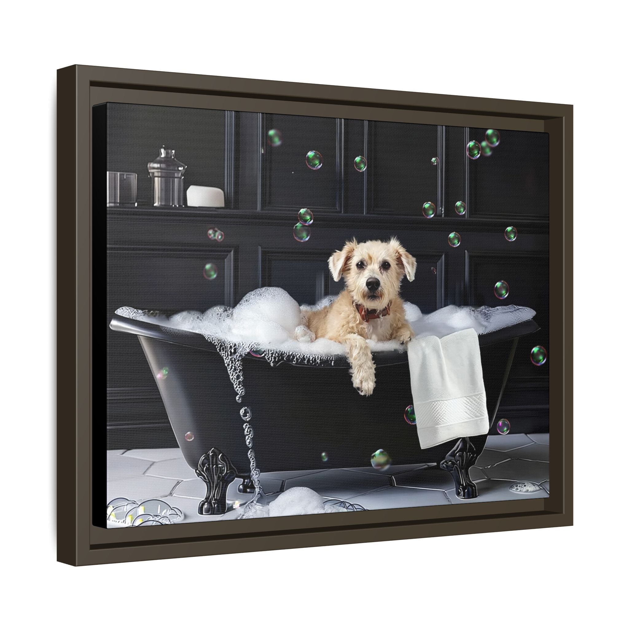 Custom Dog ArtDog Bath Time Framed Art, Pet Lovers Decor, Fun Home Wall Art, Dog Owner Gift, Bubble Bath Canvas, Pet Bathroom Art