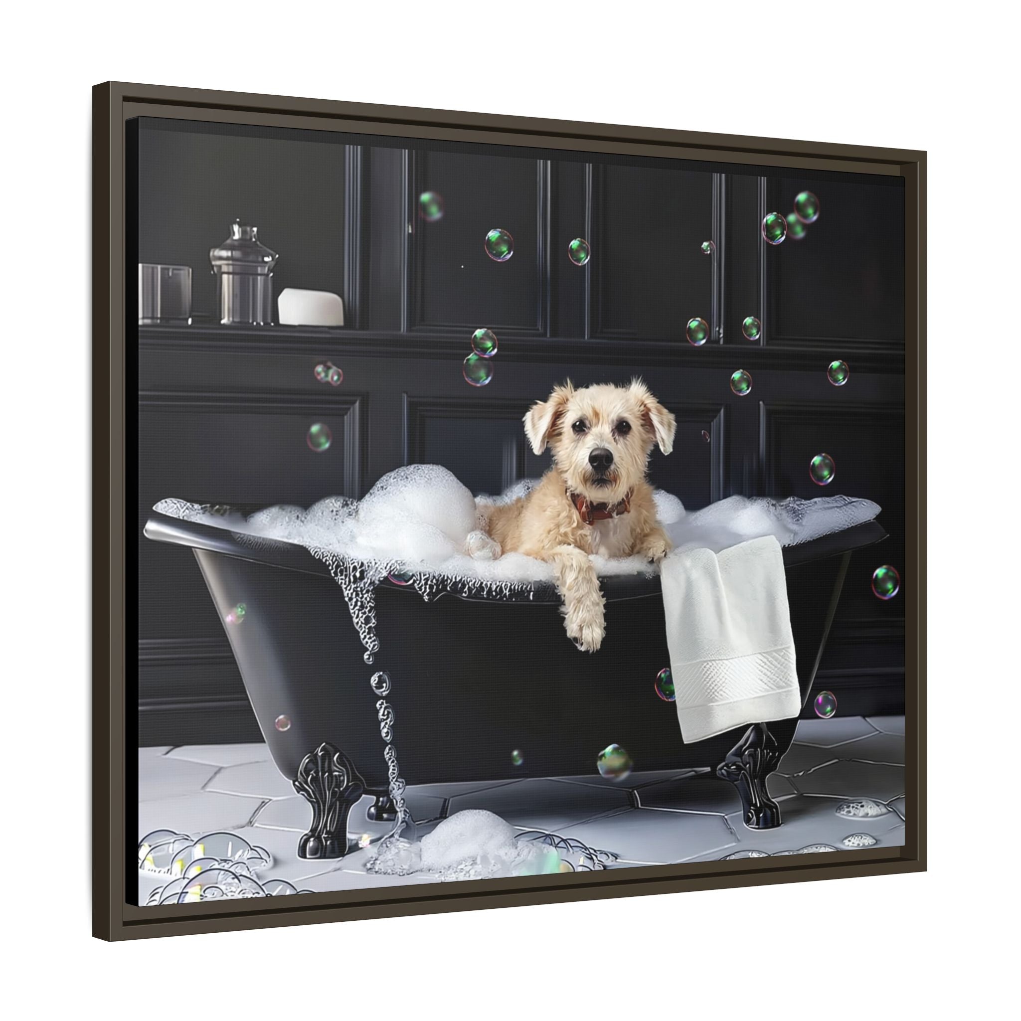 Custom Dog ArtDog Bath Time Framed Art, Pet Lovers Decor, Fun Home Wall Art, Dog Owner Gift, Bubble Bath Canvas, Pet Bathroom Art