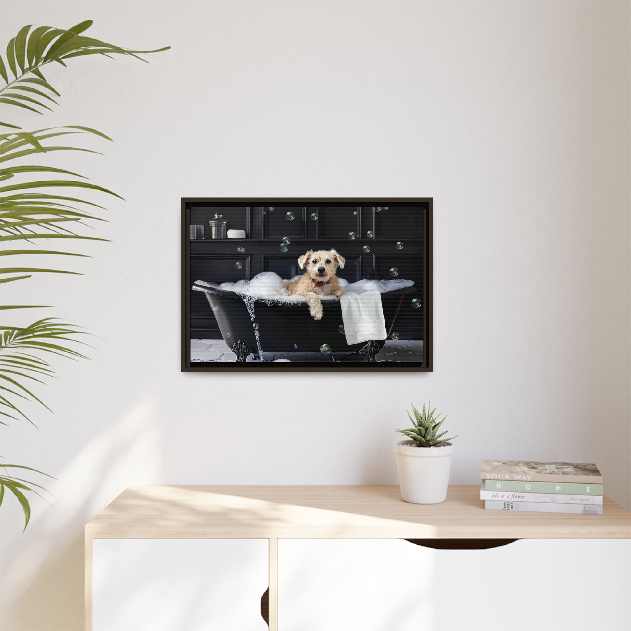 Custom Dog ArtDog Bath Time Framed Art, Pet Lovers Decor, Fun Home Wall Art, Dog Owner Gift, Bubble Bath Canvas, Pet Bathroom Art